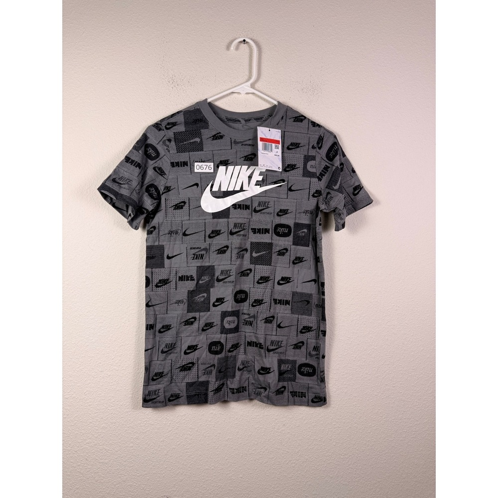 Nike Shirt Boys Gray Logo Gray/Black Short Sleeve All Over Print Tee Sz L NWT